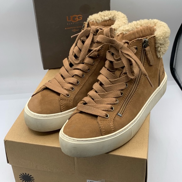 UGG Briena Hi Top Sneaker Camel Color Size 9 with UGG Sheepskin Care Kit - Picture 2 of 10